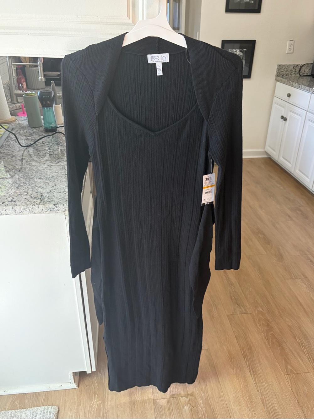 Sofia by Sofia Vergara Black Ribbed Long-Sleeve Midi Dress w/ Tie Detail